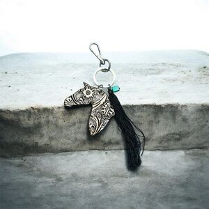 Leather Horse Keychain with Black Tassel & Turquoise accent.
